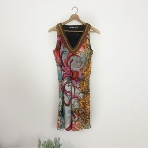 [Desigual] Women's Beaded Neckline Printed Elastic Waist Sleeveless Dress